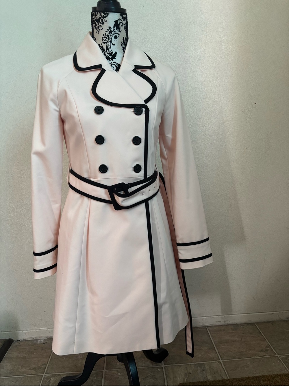 Elle Light Pink Double-Breasted Trench Dress with Black Trim